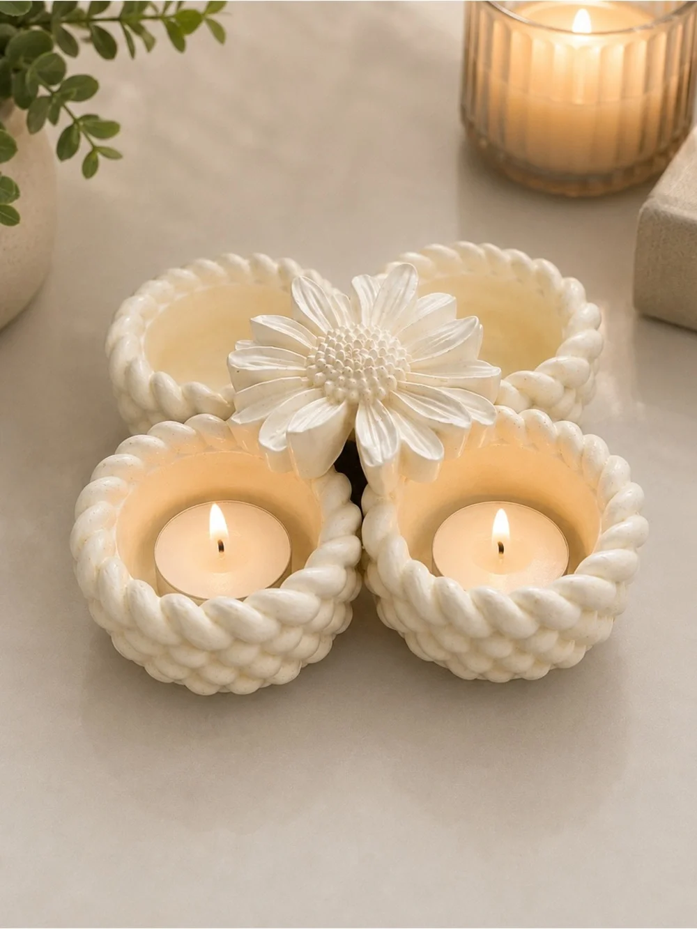Cream Ceramic Braided Tealight Holder Set with Floral Accent